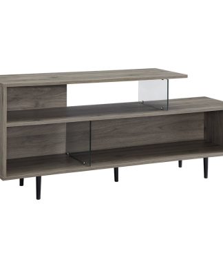60" Asymmetrical Wood & Glass TV Stand Media Console, Slate Gray