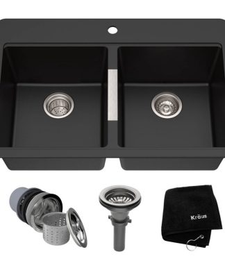 33" Drop-In Undermount Granite Composite 50/50 Double Bowl Kitchen Sink