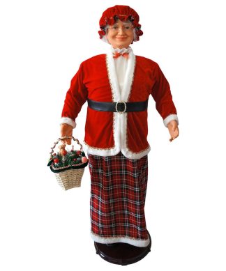58" Dancing Mrs. Claus With Tartan Skirt and Gift Basket, Holiday Home Decor