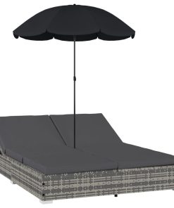 vidaXL Patio Lounge Bed with Umbrella Poly Rattan Gray Chaise Lounge Seating