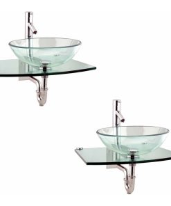 Wall Mount Vessel Sink Durable Tempered Glass Bathroom Sink Clear Set of 2