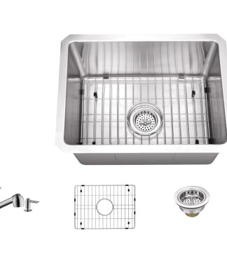 16-Gauge Zero Radius Single Bowl Bar Sink, Low Profile Pull Out Kitchen Faucet