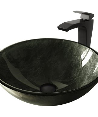 VIGO Gray Onyx Glass Vessel Sink and Blackstonian Faucet, Matte Black Finish