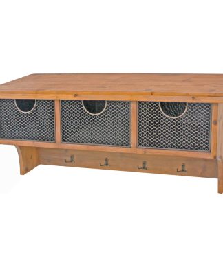 Wooden Wall Shelf with 4 Hooks and 3 Wire Baskets, Brown
