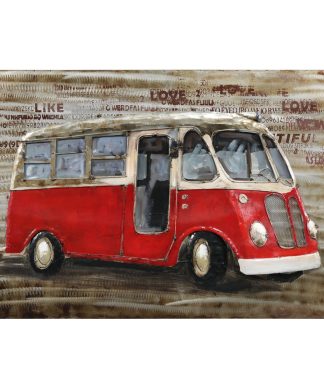 "Red Bus" Mixed Media Iron Hand Painted Dimensional Wall Art