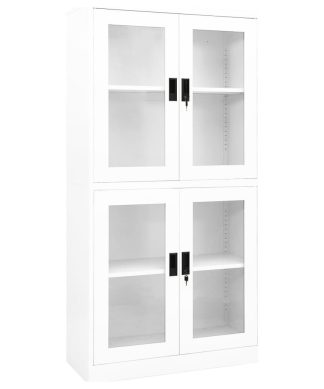 vidaXL Office Cabinet White 70.9" Steel and Tempered Glass Storage Cabinet