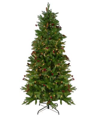 7.5' Pre-Lit Mixed Winter Berry Pine Artificial Christmas Tree, Clear Lights