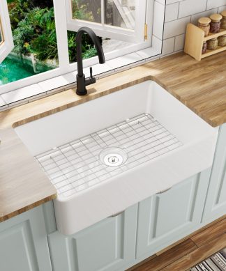 33'' Farm Kitchen Sink Ceramic Rectangular Single Bowl With Grid and Strainer