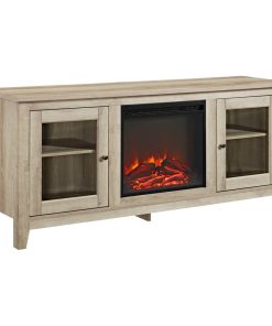 58" Wood Media TV Stand Console With Fireplace, White Oak