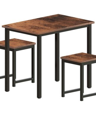 3 Pieces Rustic Dining Set, Rectangular Table With 2 Square Stools, Brown Finish
