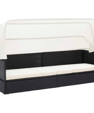 vidaXL Patio Sofa with Canopy Black Poly Rattan Garden Sunlounger Seating