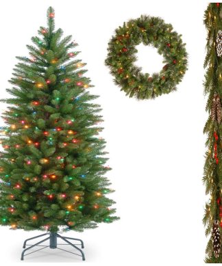 4-1/2' Pencil Tree Multi Lights With Frosted Berry Garland and Wreath Warm White