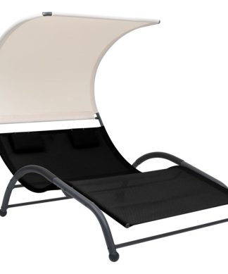 vidaXL Double Sun Lounger with Canopy Textilene Black Double Sunlounger Daybed