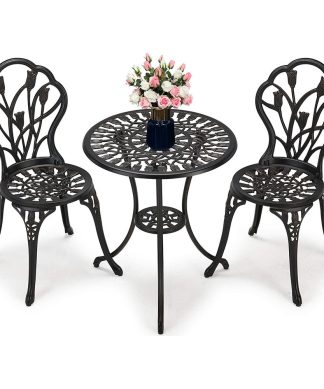 3 Piece Bistro Set, Cast Aluminum Construction With Floral Pattern, Bronze