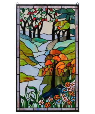 20.5" X 34.75" Handcrafted stained glass window panel Deer Drinking Water