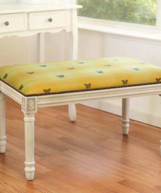 Yellow Butterfly Upholstered Wooden Bench, Antique White Wash