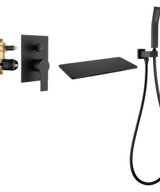 Wellfor Shower Faucet Set, Handheld Shower and Waterfall Tub Spout, Matte Black