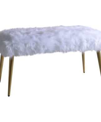 18"x38"x20" White Fur Gold Metal Upholstered, Seat Bench