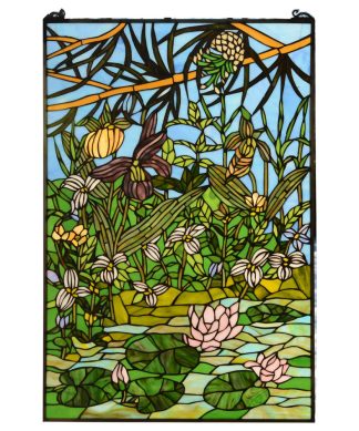 24" X 36" Lily Pond Lotus Handcrafted Stained Glass Window Panel