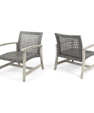 Viola Outdoor Wood and Wicker Club Chairs (), Gray Finish/Mixed Black, Set of 2