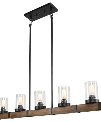 5-Light Rustic Linear Wood Chanderlier With Glass Shade
