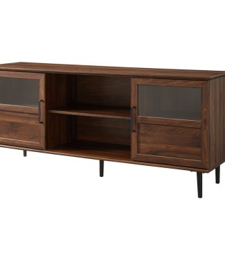 58" Glass & Wood Split Panel Door TV Console, Dark Walnut