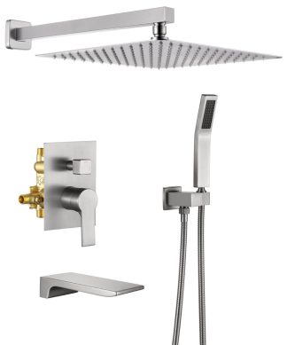 Wellfor Rainfall Shower System, 12" Rain Shower Head With Handheld Combo Set, Br