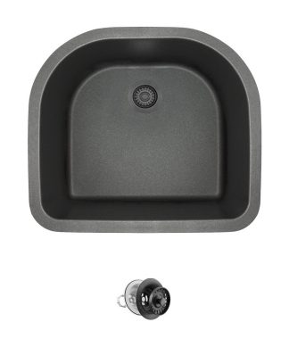 824 D-Shaped Single Bowl Quartz Kitchen Sink, Black, Colored Strainer