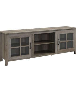 70" Farmhouse Wood TV Stand with Glass Doors- Grey Wash