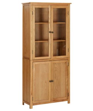 vidaXL Solid Oak Wood Bookcase 4 Doors 31.5" Glass Shelf Cabinet Storage Unit