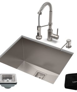 24" Undermount Stainless Steel Kitchen Sink, Pull-Down Faucet SS with Dispenser