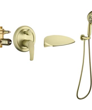 Wellfor Wall Mount Shower Set, Handheld Shower and Waterfall Spout, Brushed Gold