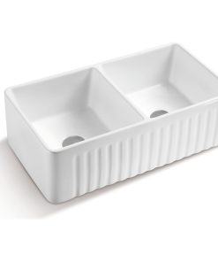 33" White Fireclay Double Basin Farmhouse Kitchen Sink-Reversible Design