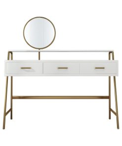 White&Gold Makeup Vanity With Mirror & Top Shelf Dressing Table With 3 Drawers