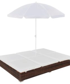 vidaXL Outdoor Lounge Bed With Umbrella Poly Rattan Brown