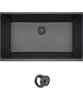 848 Large Single Bowl Quartz Kitchen Sink, Black, Colored Flange