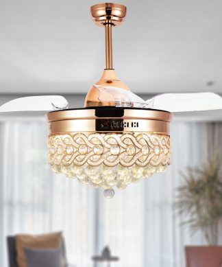 42" Modern Crystal Ceiling Fan with Lights, Retractable Chandelier Fan, French G