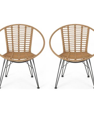 Winnie Outdoor Wicker Dining Chairs, Set of 2, Light Brown, Black