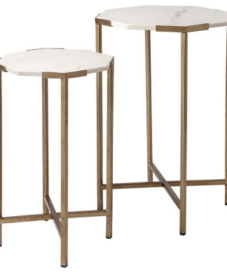 Vincent II 15.5 x 24.5 Set of Two White Marble and Iron Hexagonal Side Tables