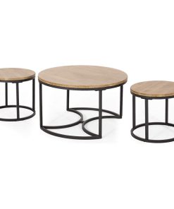 3 Pieces Coffee Table Set, Nesting Design With Metal Frame & Round Fir Wood Top