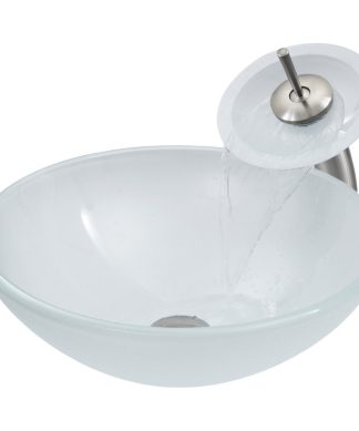 VIGO White Frost Glass Vessel Sink and Waterfall Faucet Set, Brushed Nickel