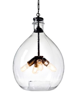 Wavy Hammered Hand Blown Glass Pendant Light, Black, 16", Clear Glass