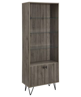 68" Mid-Century Modern Storage Cabinet with Glass Shelving, Slate Gray