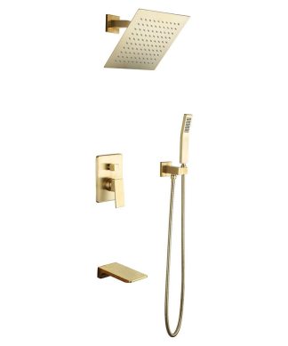 Wall Mount 10" Rainshower Hand Shower and Tub Spout Shower System, Brushed Gold