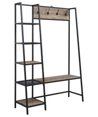 72" Modern Angled Side Metal and Wood Hall Tree With Storage, Gray Wash