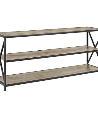 60" Wide X-Frame Metal and Wood Media Bookshelf, Driftwood