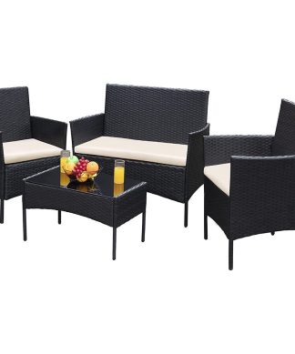 4 Pieces Patio Conversational Set, Glass Coffee Table & Padded Chairs, Black