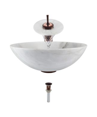 850-White Granite Vessel Sink, Oil Rubbed Bronze, Waterfall Faucet