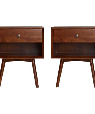 2 Piece 1-Drawer Mid-Century Solid Wood Nightstand - Walnut