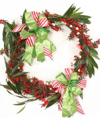 34" Green Vine Wreath with Red Berries and Candy Garland